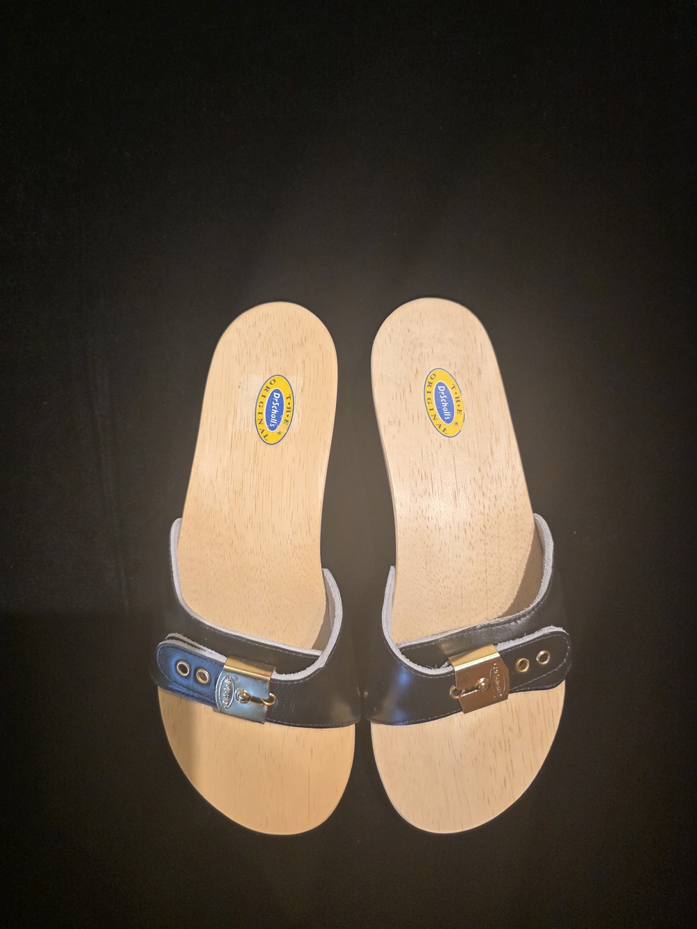 Dr. Scholl's Black and Natural Wood-Tone Platform Sandals with Gold Accent